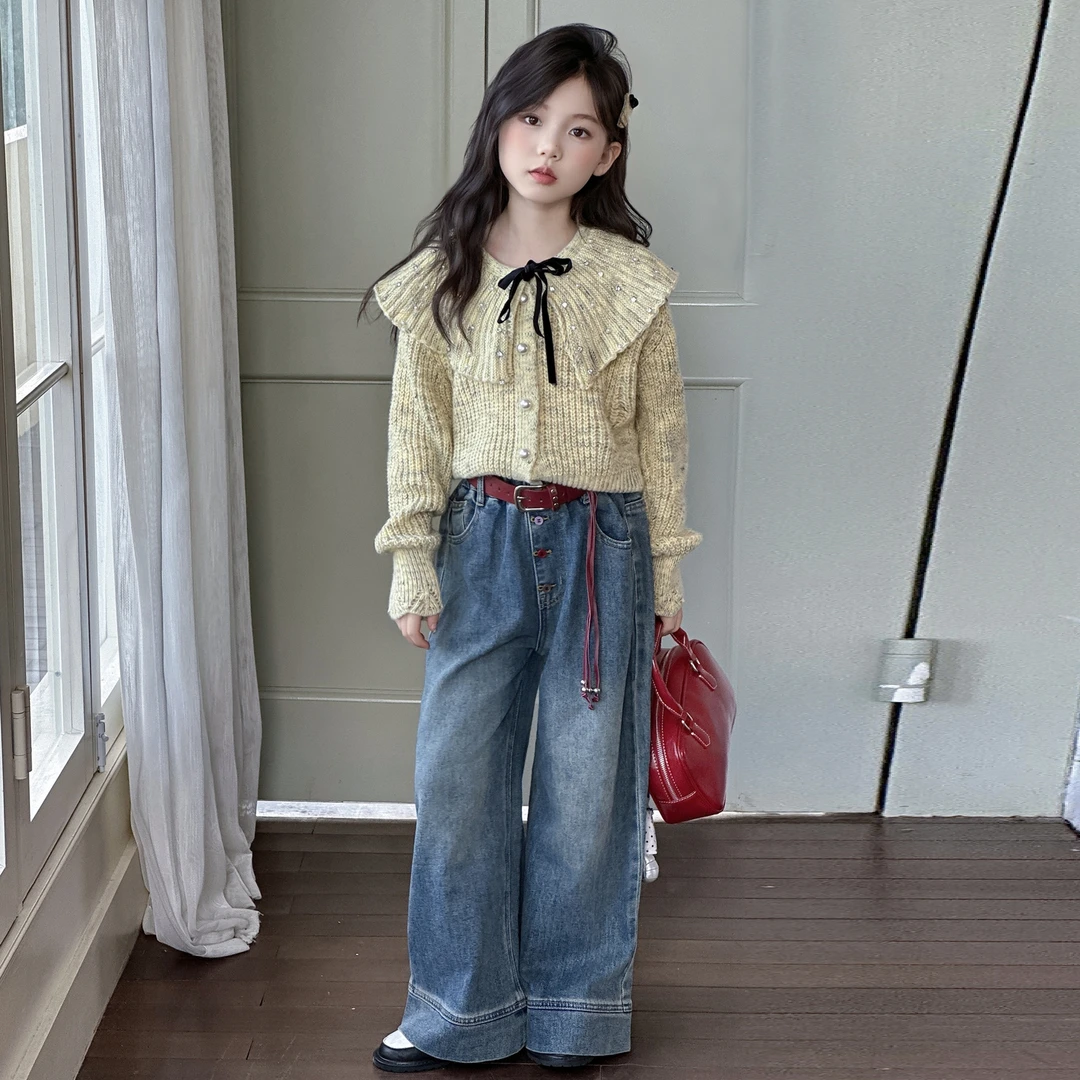 女童春秋针织套装2025新款儿童时尚大翻领毛衣宽松牛仔裤子套装