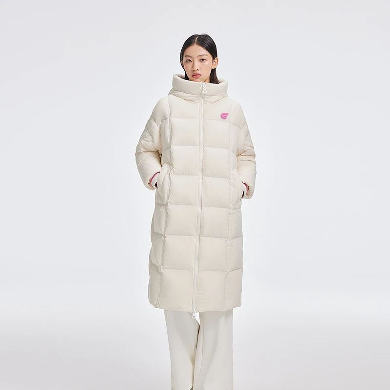 艾莱依时装羽绒服90绒长款女宽松型运动户外女士连帽保暖过膝1065