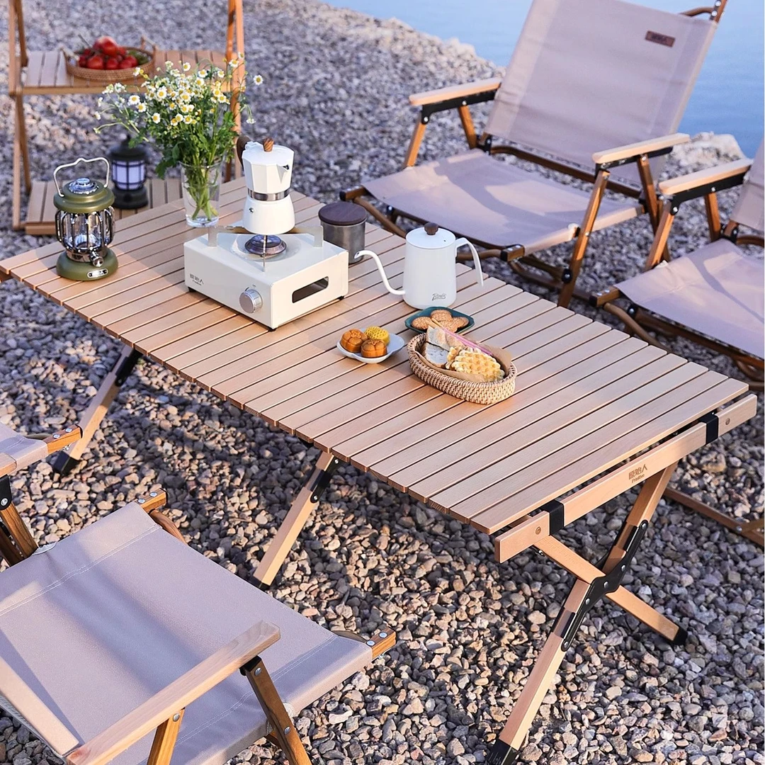 原始人榉木折叠桌实木蛋卷桌露营桌子榉木便携式桌椅套装野餐野外