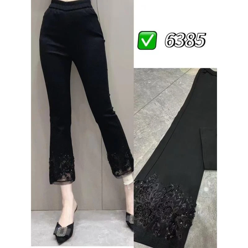 大码胖MM秋季设计感蕾丝拼接松紧腰弹力九分裤女黑色显瘦小脚裤子