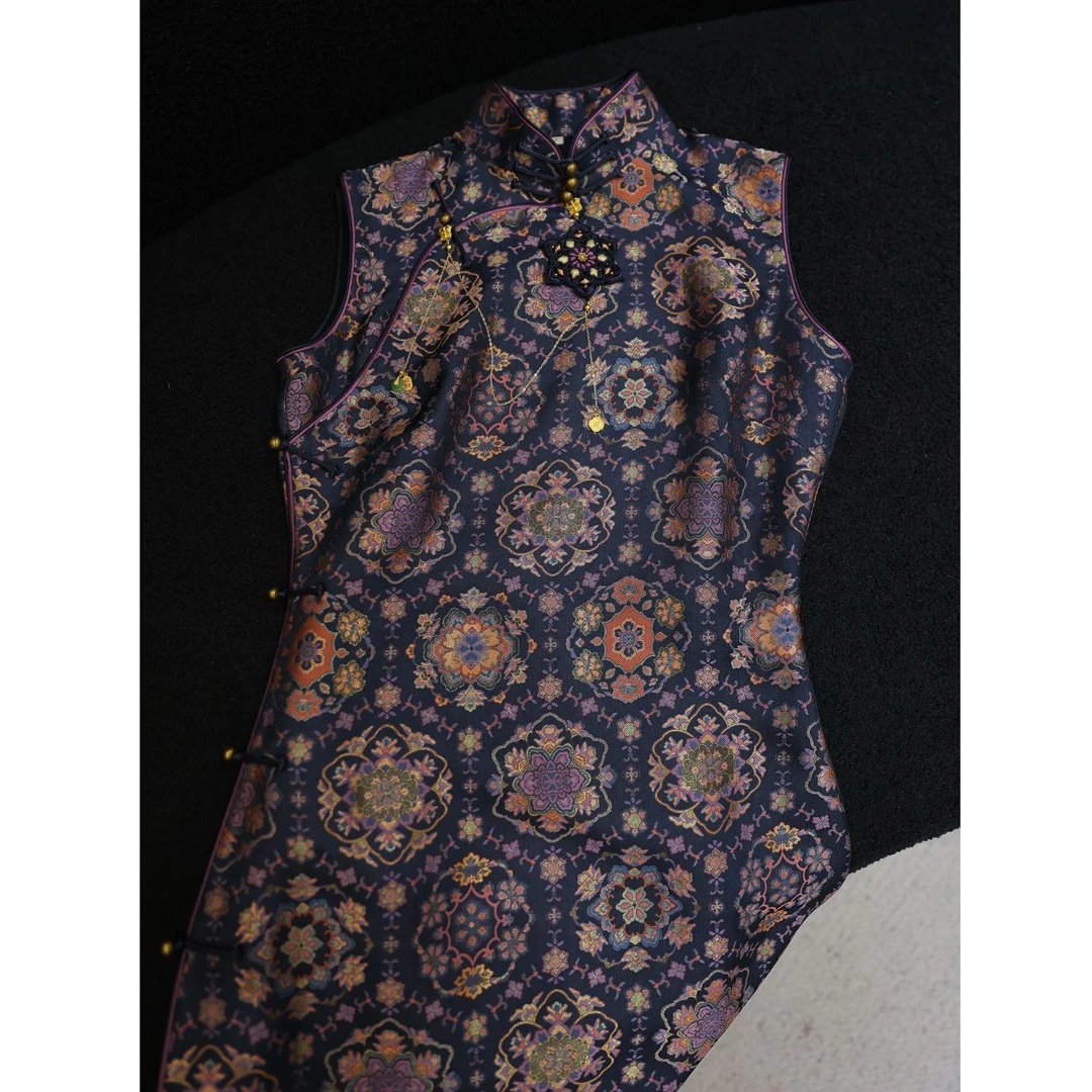 【墨青宝相】良辰媄锦桑蚕丝宋锦全开襟手工长款旗袍衣长约130CM