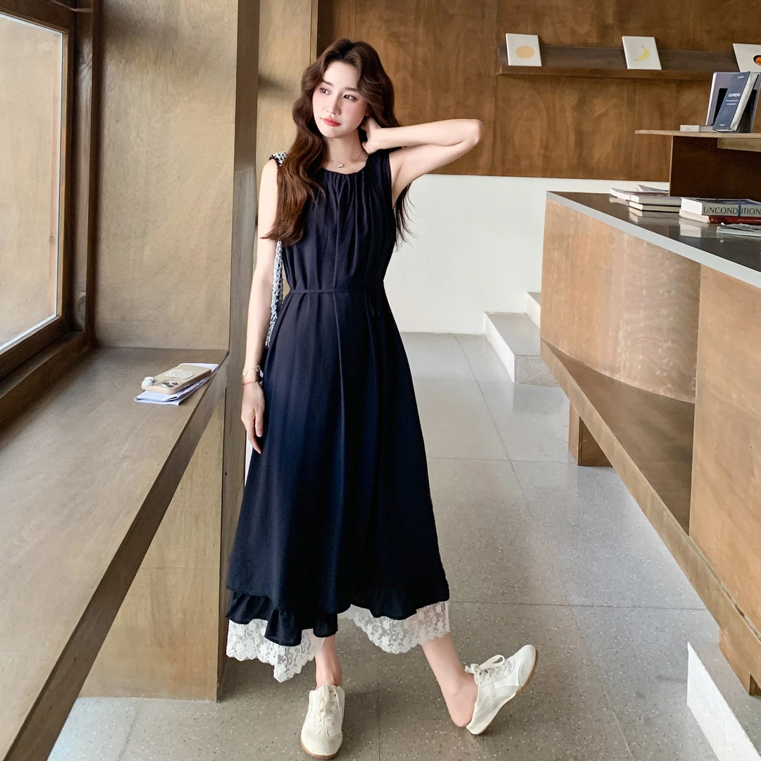 2025新款夏季节日法式裙子花边无袖连衣Q120裙赫本风小黑裙收腰