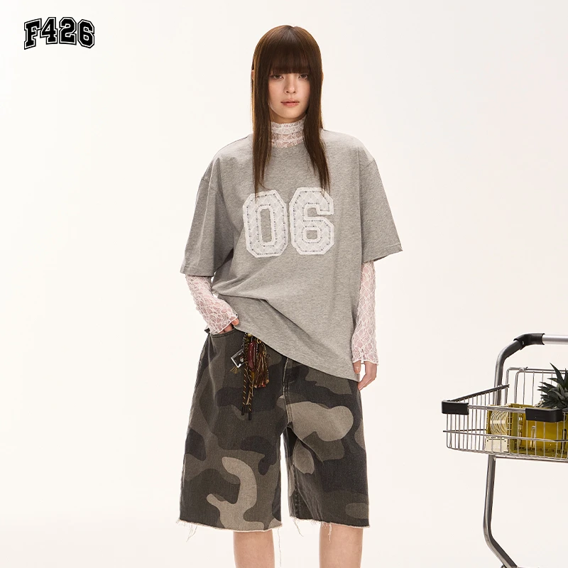 F426仿珍珠饰品贴布短袖T恤 6636