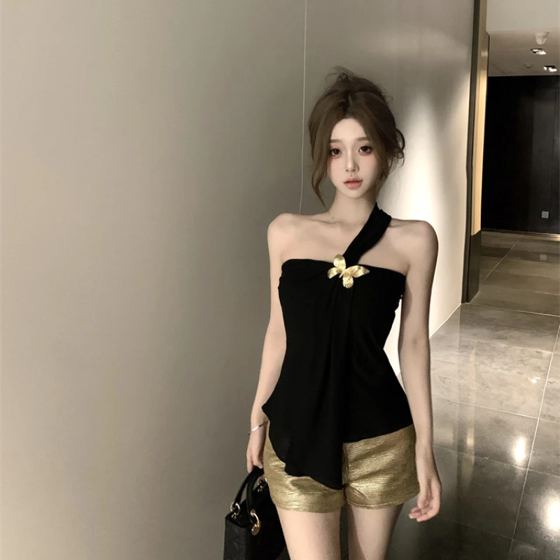 小众设计定制金色蝴蝶胸针一字肩抹胸斜肩上衣薄款夏季纯欲洋气