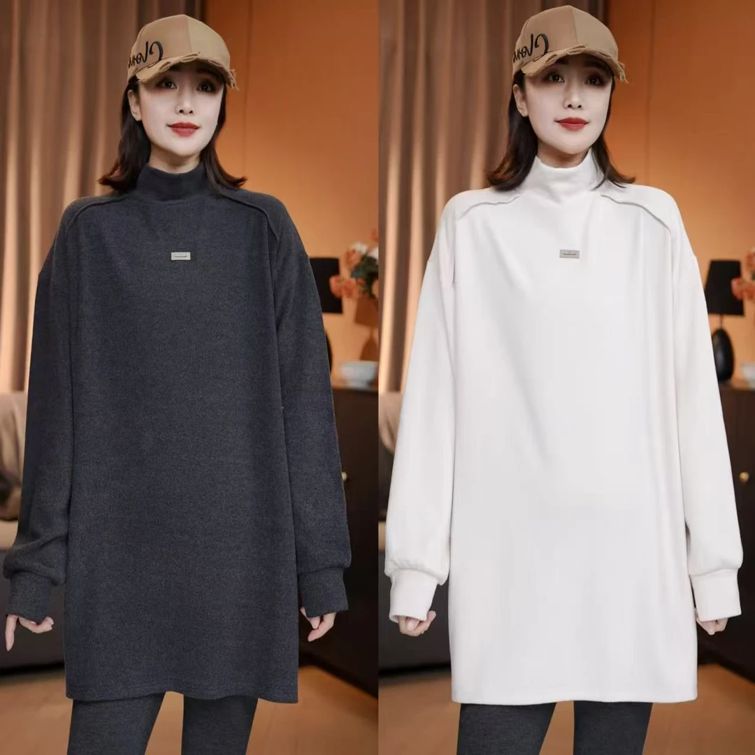 秋冬新款 胸口贴标中领澳绒打底衫气质显瘦遮肉百搭宽松上衣