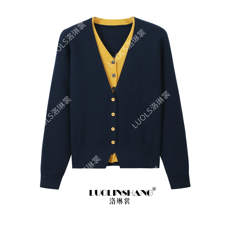 高级感设计小众秋冬撞色假两件针织开衫宽松显瘦百搭韩系长袖上衣