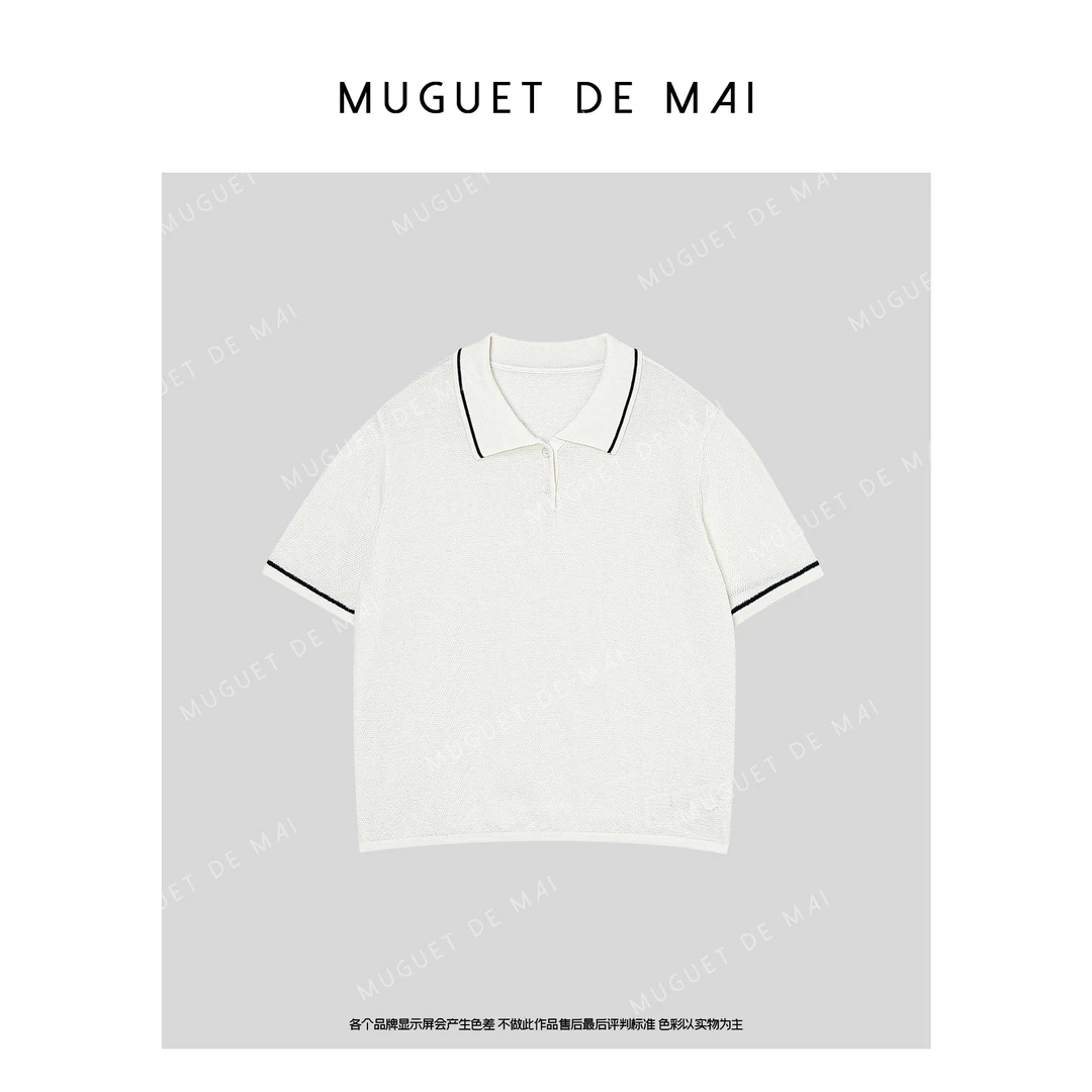 【MGDM】高级老钱风14针珠地麻花针织条纹减龄polo衫短袖t恤女夏