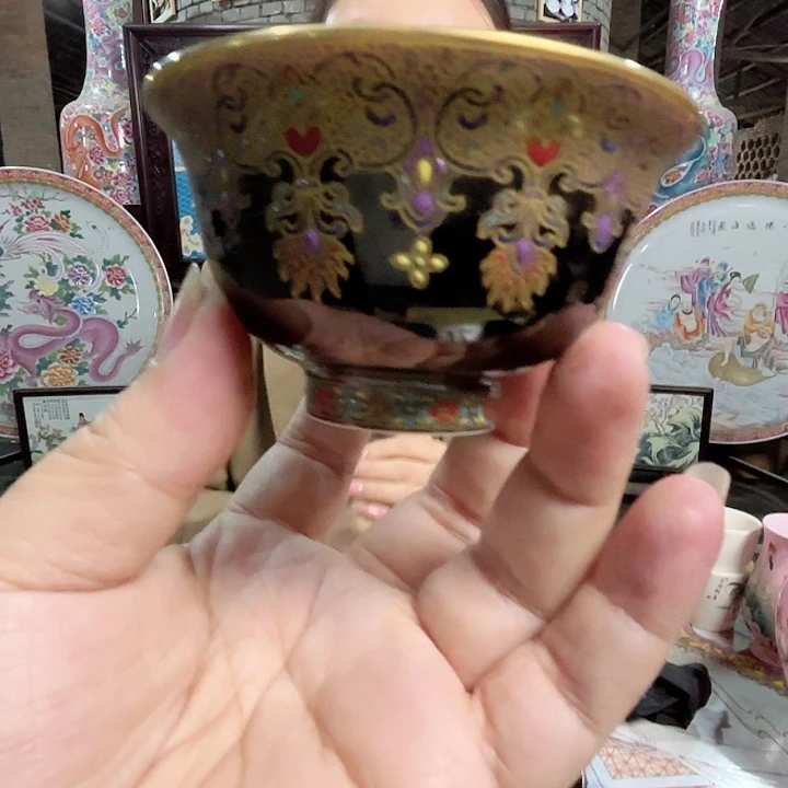 陶摆件景德镇高温陶瓷压手杯乌金釉