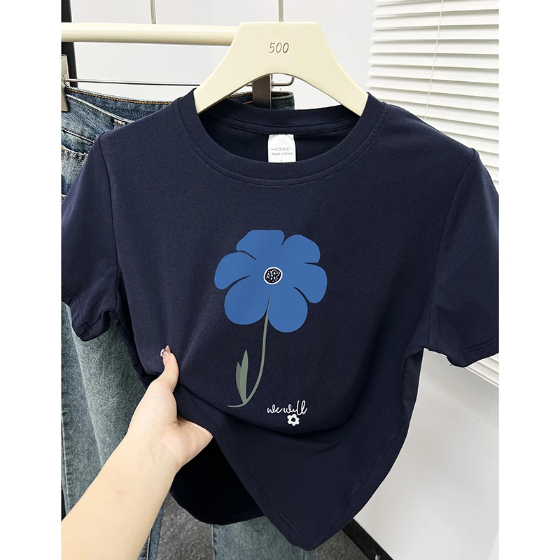 正肩短袖T恤女2025夏季新款韩版设计感小众花卉印花百搭圆领上衣