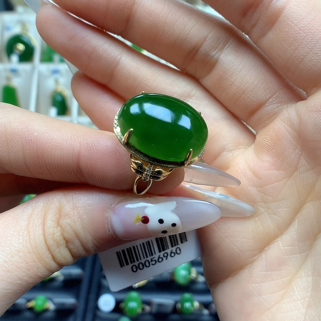 和田玉戒指18K金镶嵌13×18