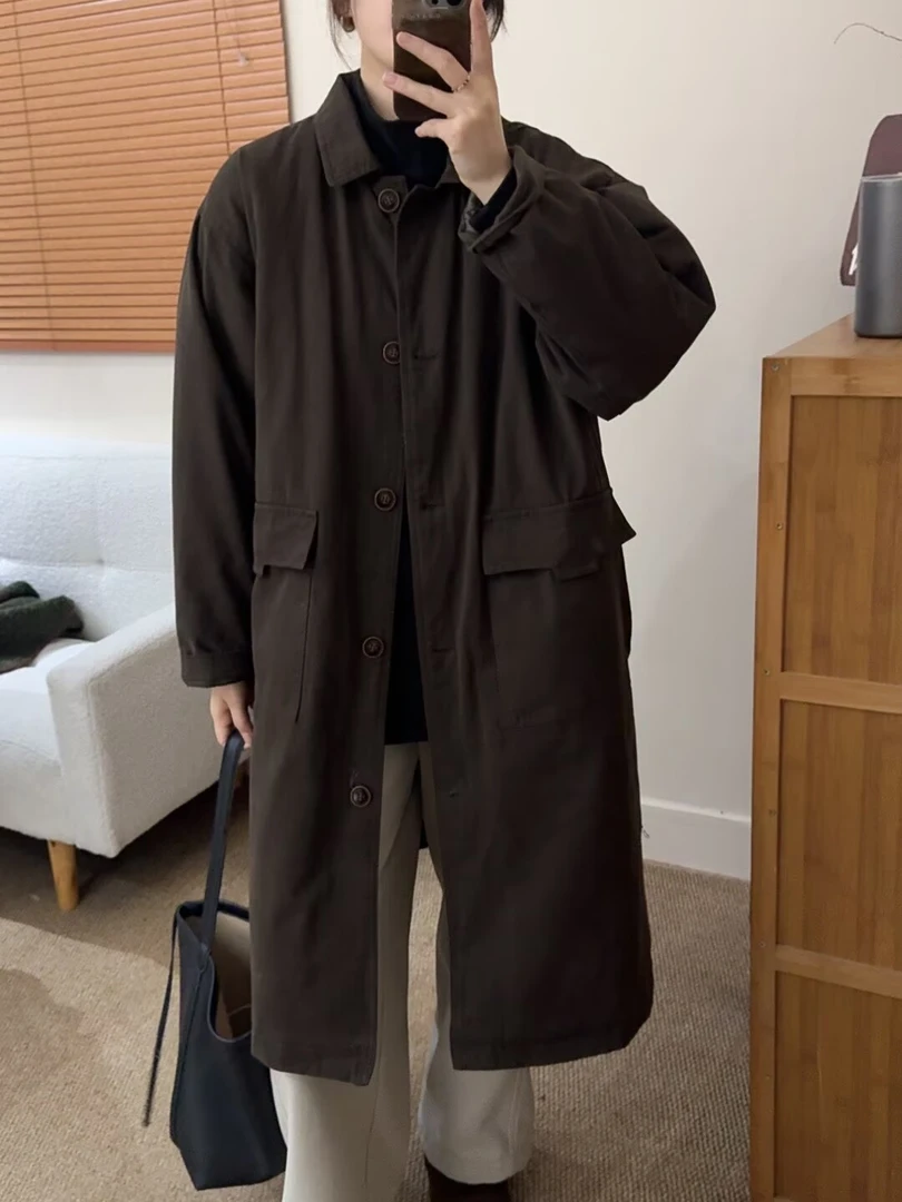 复古工装棉服简约大气大口袋翻领夹棉外套女宽松慵懒大版棉衣大衣
