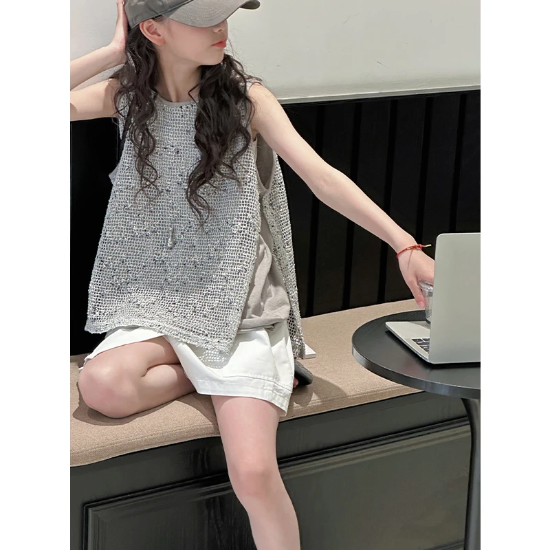 K28693镂空混纱女童网格背心2025夏装新款儿童无袖上衣打底衫洋气