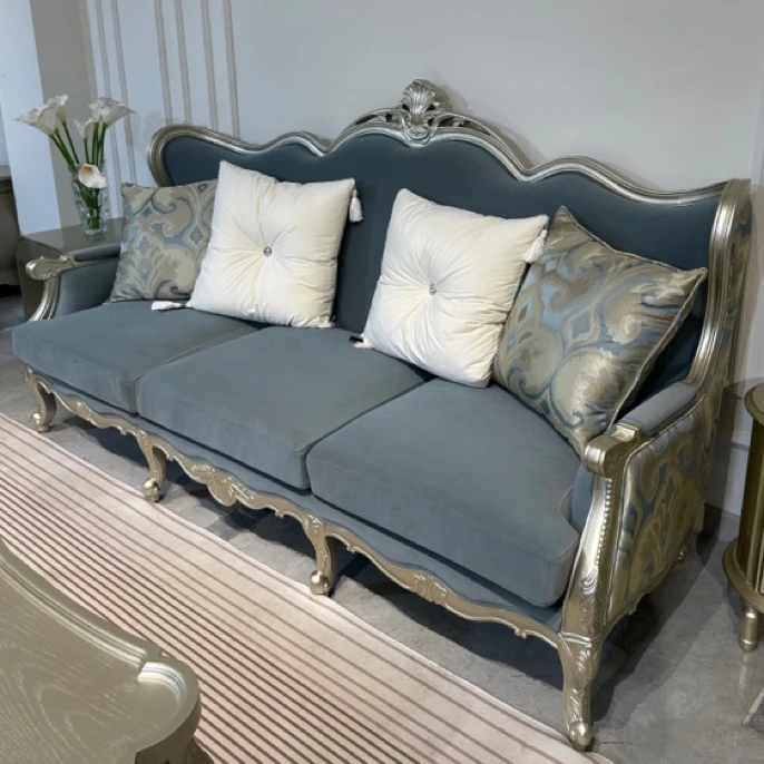 美式轻奢维也纳蓝色布艺沙发实木雕花（尺寸可订制）