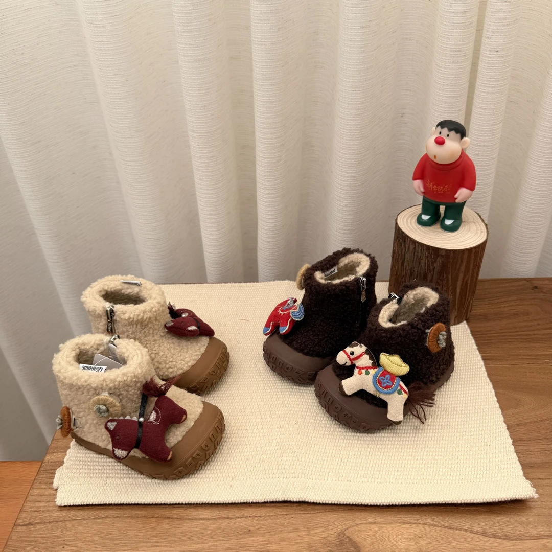 奇诺鼠韩版侧拉链男女通用冬季加绒雪地靴防滑软底宝宝棉鞋