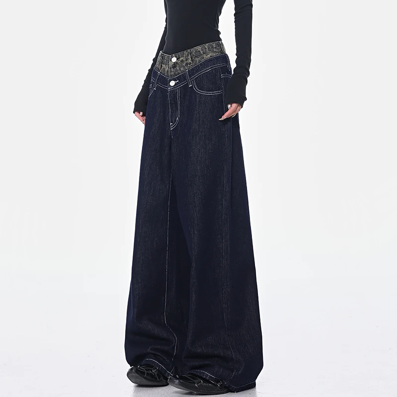 KEN STUDIO春季新款复古豹纹双腰头拼接牛仔裤女高腰直筒阔腿长裤