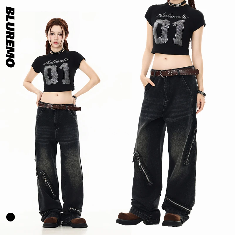 BLUREMO/模糊情绪夏季新品复古毛边错位分割拉链个性男女牛仔裤潮