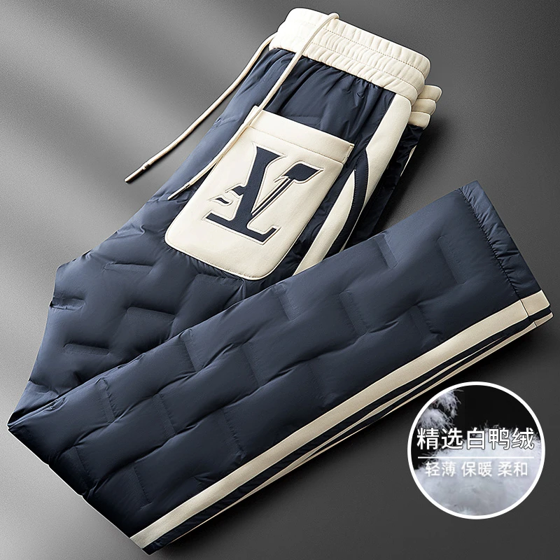 冬季加绒保暖白鸭绒羽绒裤男时尚撞色拼接高端刺绣户外外穿保暖裤