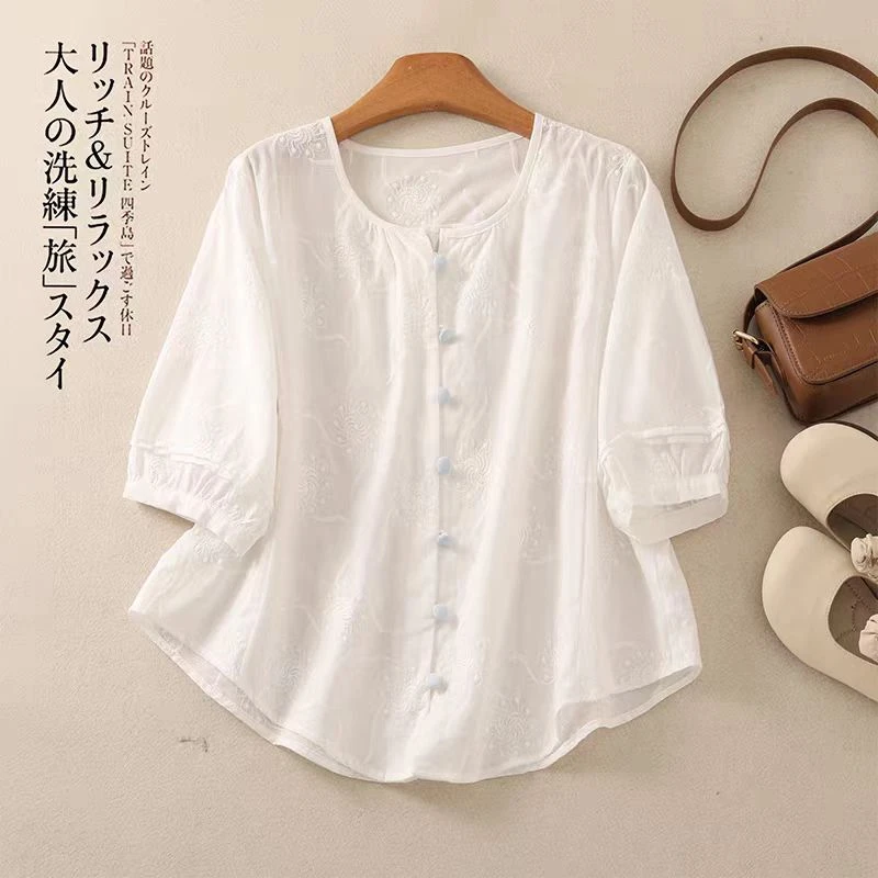 纯棉绣花夏季小众百搭圆领白色七分袖衬衫上衣设计感刺绣薄款