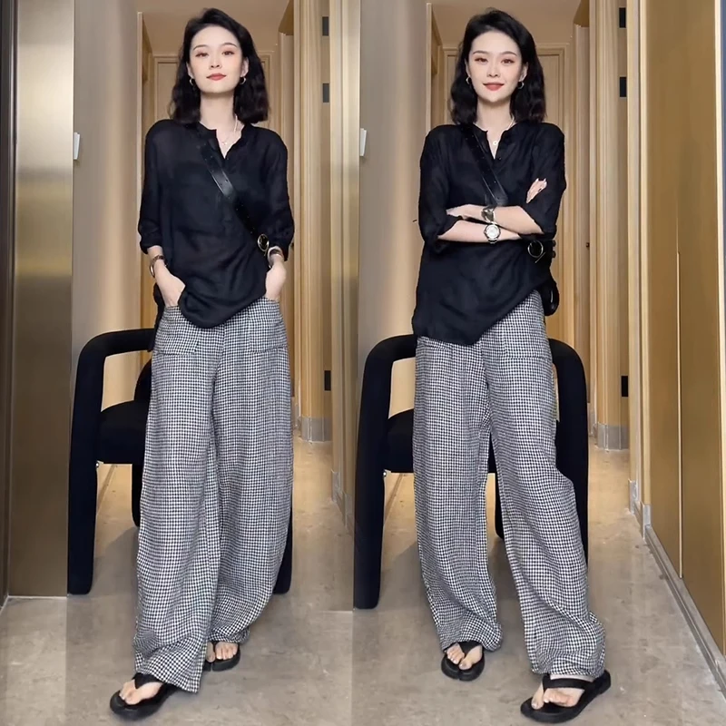 时尚套装女夏季新款洋气一整套雪纺衬衫格子阔腿裤休闲显瘦两件套