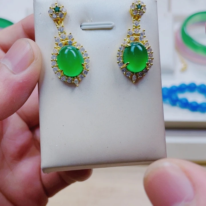 玛瑙/玉髓耳钉合金绿色耳坠