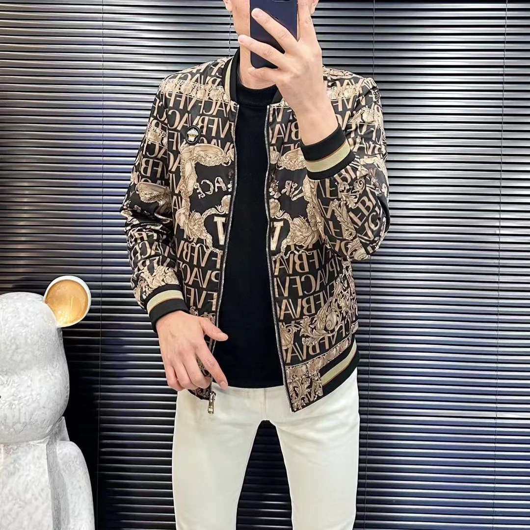 男士男装修身韩版印花夹克个性时尚百搭休闲外套潮流轻奢棒球服