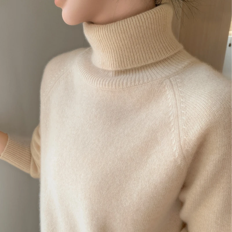 100纯山羊绒衫女毛衣上衣高领宽松翻领半秋冬内搭针织打底加厚款