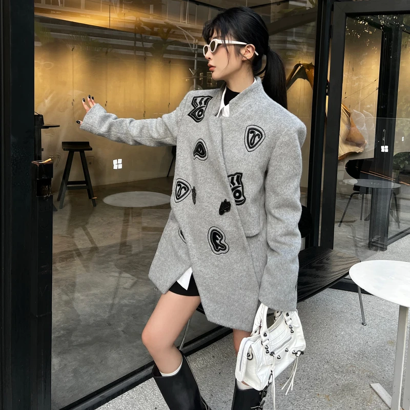 GUAGUA小众欧货纳塞斯秋冬立体刺绣交摆呢外套买手店设计款35805