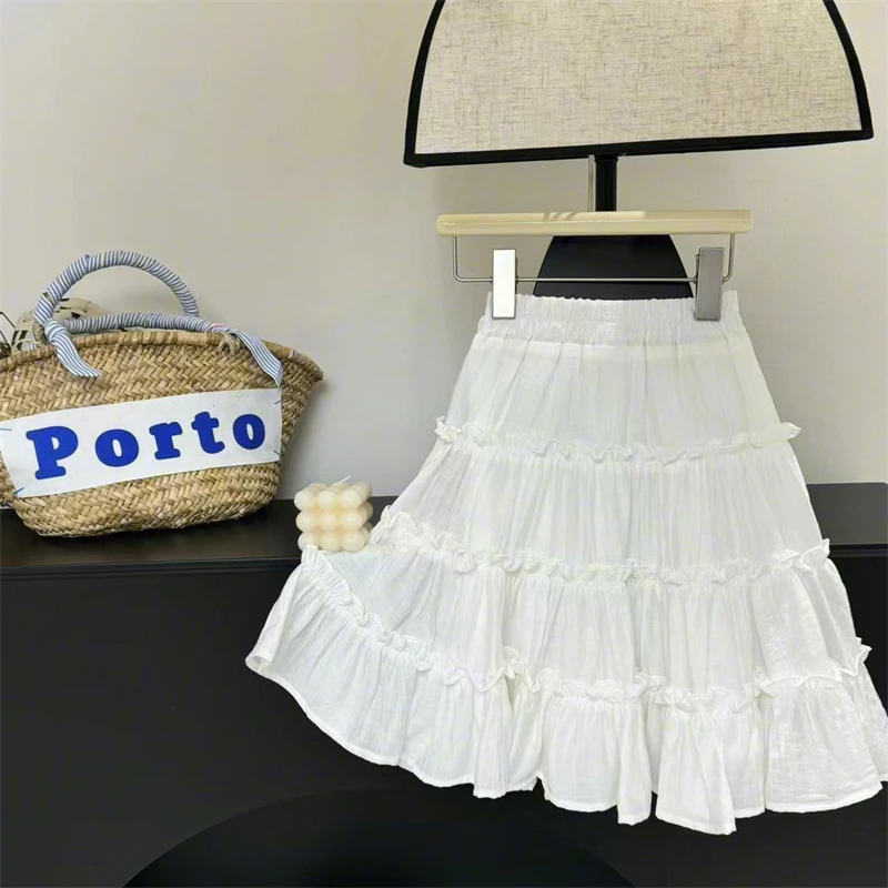 【现货】leomama女童白裙子洋气长裙儿童半身裙夏装女孩纯色蛋糕裙