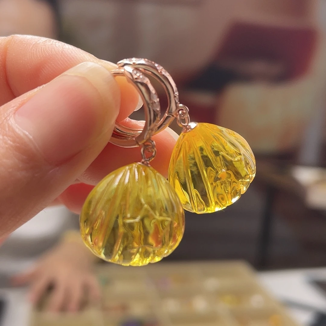 琥珀银S925镀金镶嵌裸石耳环