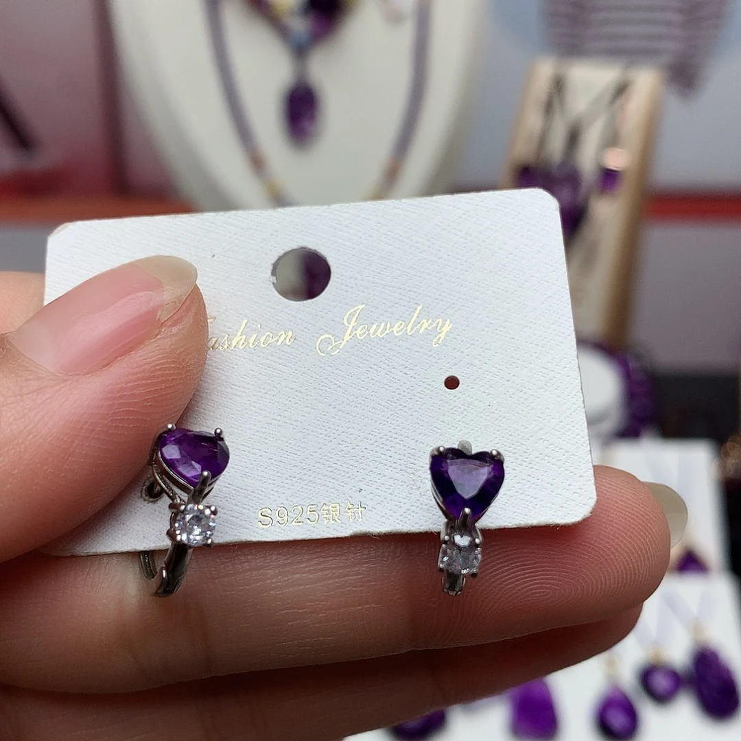 紫晶耳饰银S925镶嵌爱心款