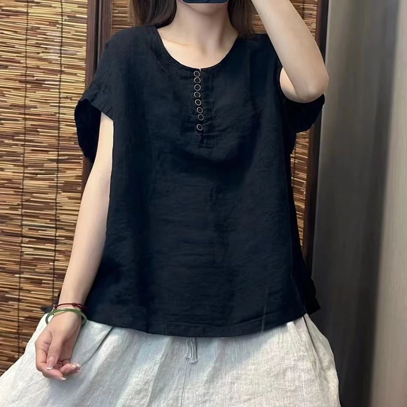 2025夏季新款文艺复古慵懒风棉麻上衣女宽松圆领休闲简约短袖套头