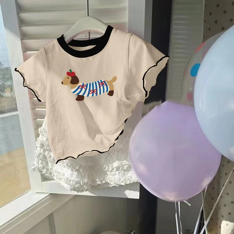 女童短袖t恤夏季装新款拼色卡通印花木耳边上衣宝宝休闲薄款打底