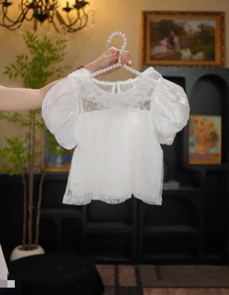 女童短袖洛丽塔打底纱娃娃衫小童心打底夏款打底衫纯白蕾丝打底