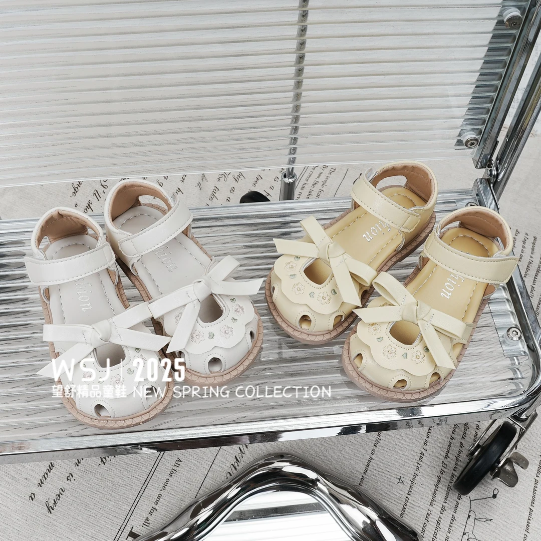 望舒家『花想容』新中式女童蝴蝶结公主鞋夏季小女孩软底包头凉鞋13