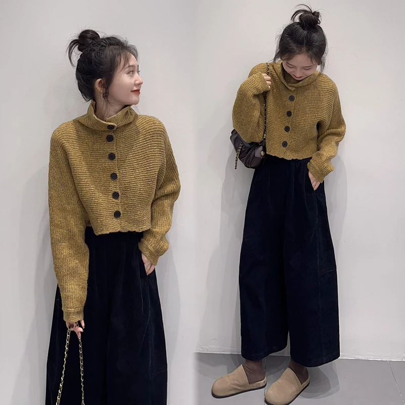 2025秋冬新款慵懒风少女风INS风高领毛衣开衫外套时尚套装休闲裤