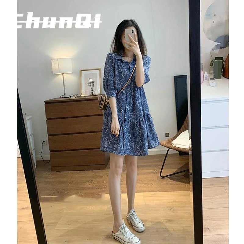 淳启小香风碎花连衣裙女夏季大码微胖mm宽松遮肉气质雪纺衬衫裙子