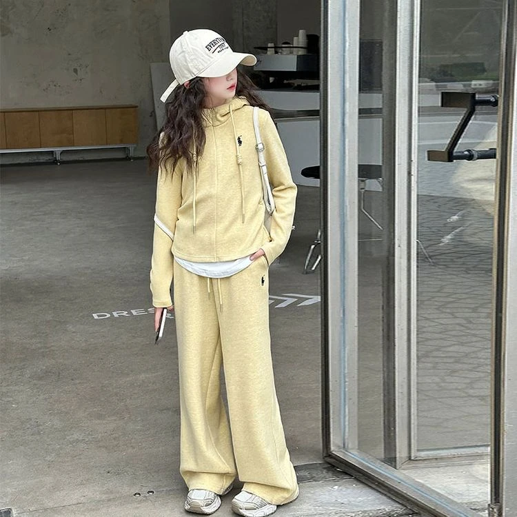 2025女童拉链纯色春秋套装时尚中大童时髦韩版网红阔腿潮流休闲