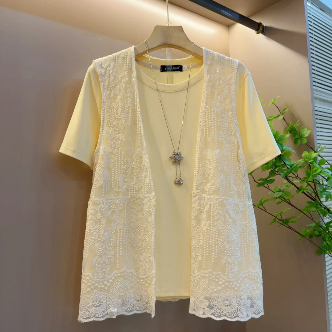 2025年夏季时尚新款百搭百搭重工马甲上衣两件套（长63左右）