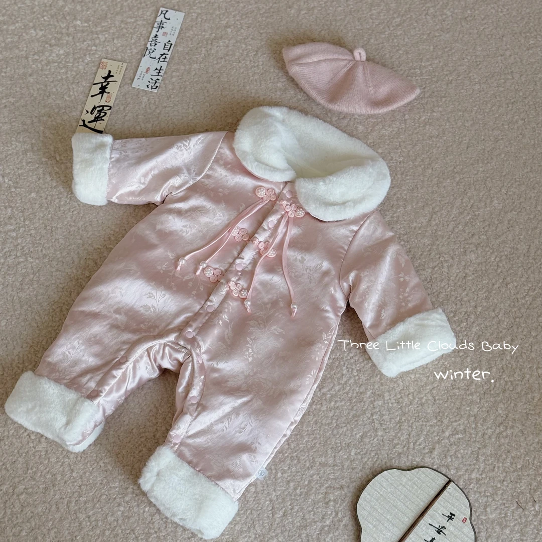 三小朵2818【粉绣谣】女宝女童秋冬中式旗袍加绒夹棉爬服拜年套装