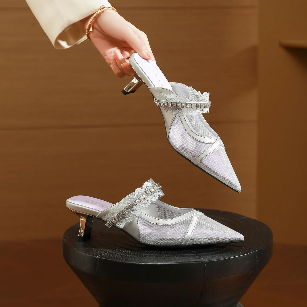 高跟鞋女粗跟年夏季新款包头网纱凉拖鞋尖头水钻单鞋半拖百搭网红