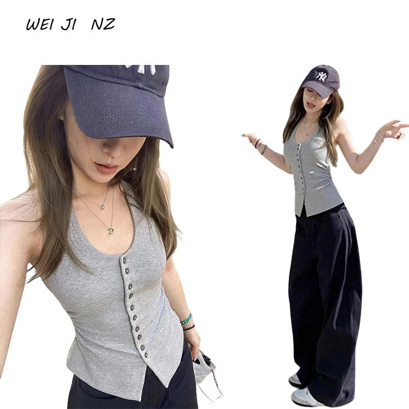 2025年夏季新款韩版挂脖单排扣褶皱背心女修身设计感显瘦无袖上衣