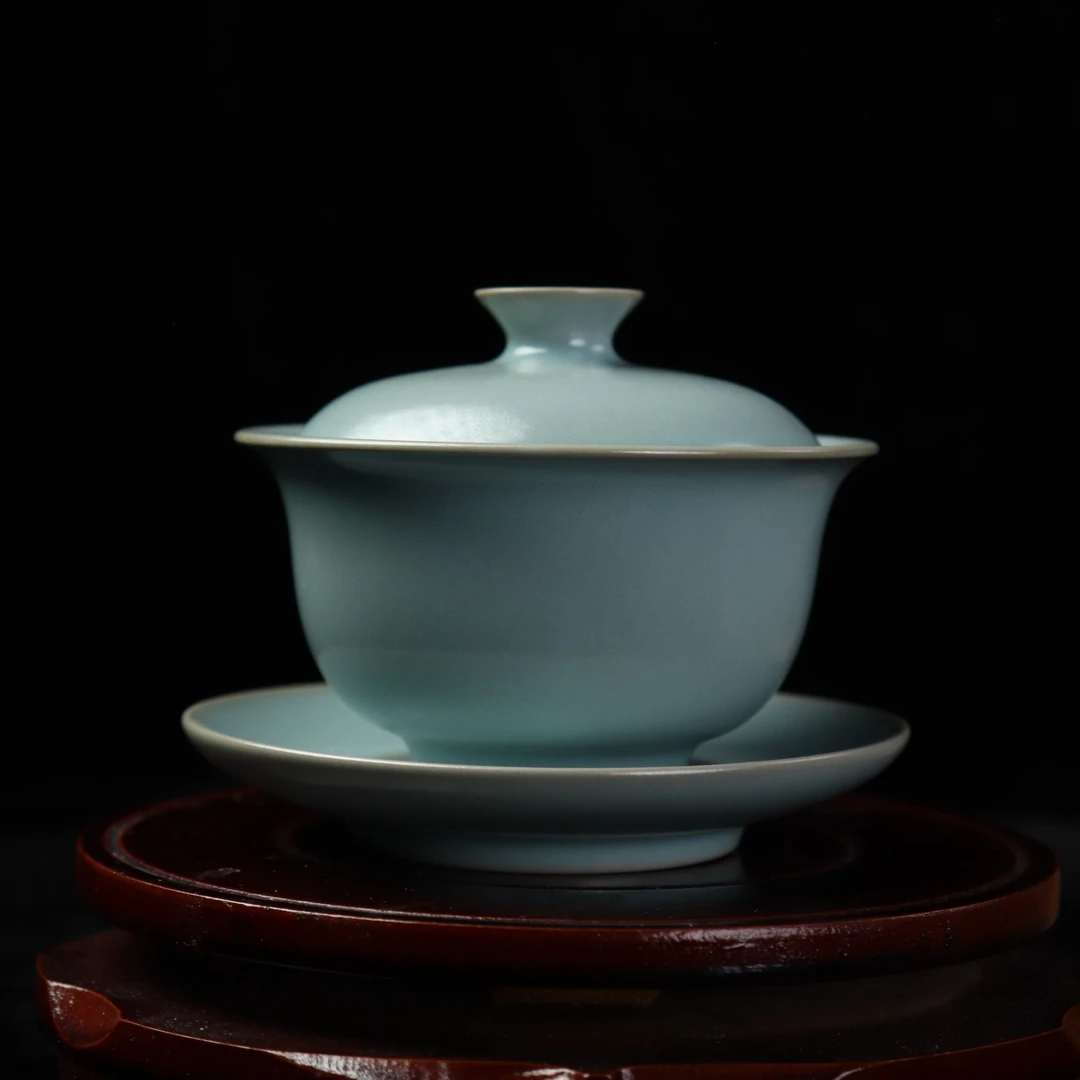 汝州原产地原矿釉仿古元宝盖碗全手工支钉烧开片可养陶瓷汝窑