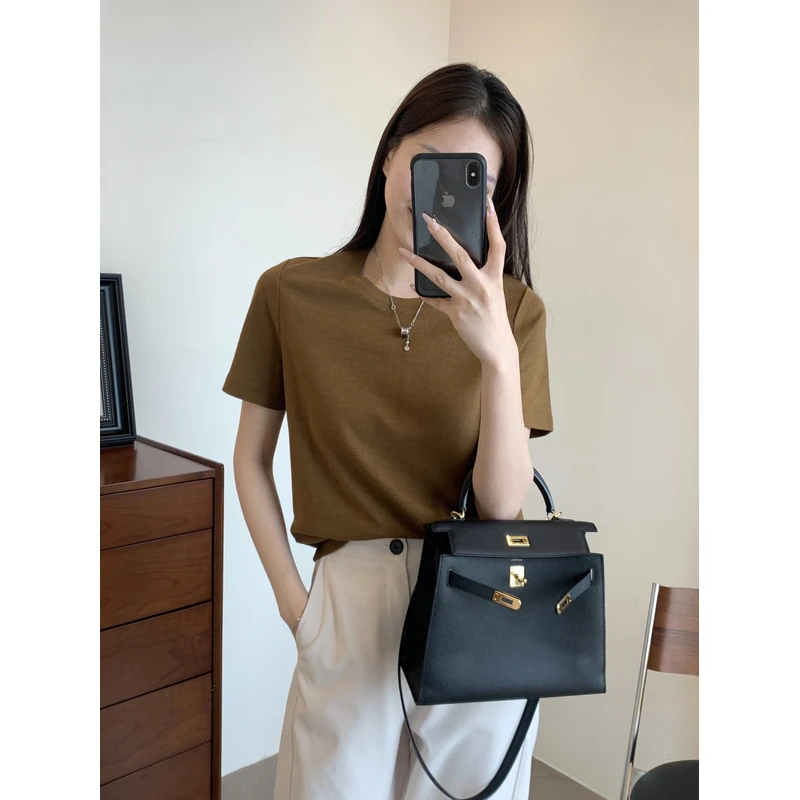 THEWOW高端牛货 醋酸 进口线立体剪裁圆领正肩纯色短袖女T恤