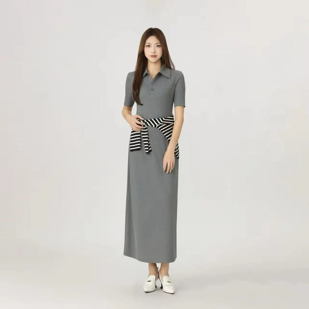 AMASS/阿玛施新款垂感长裙小黑裙气质POLO领连衣裙种草穿搭550030