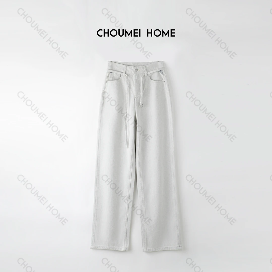 Choumei Home2025夏款原牛灰白底高质牛仔裤女抽绳窄版直筒裤薄款