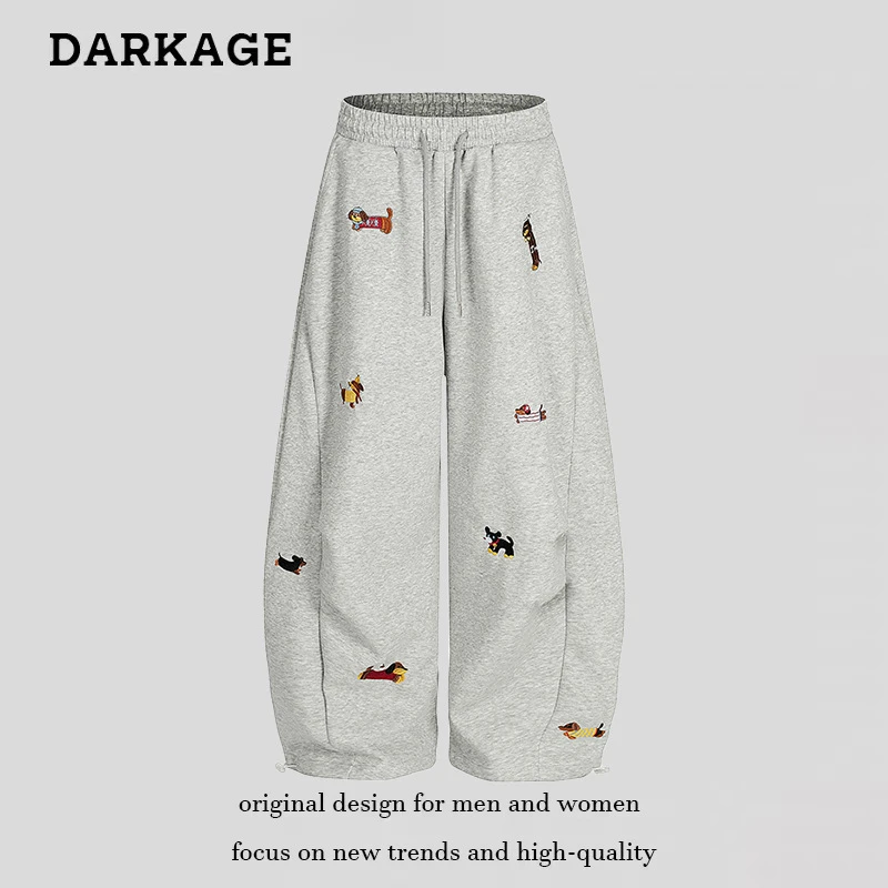 美式复古趣味小狗刺绣休闲裤男女新款高腰慵懒风宽松百搭阔腿卫裤