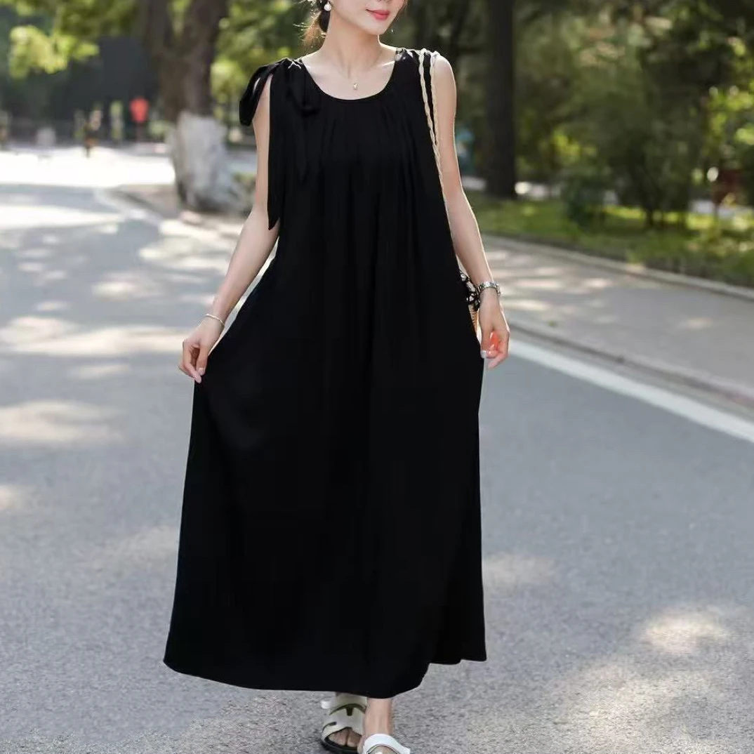 夏季新款加肥法式时尚潮流蝴蝶结口袋镂空无袖宽松显瘦洋气连衣裙