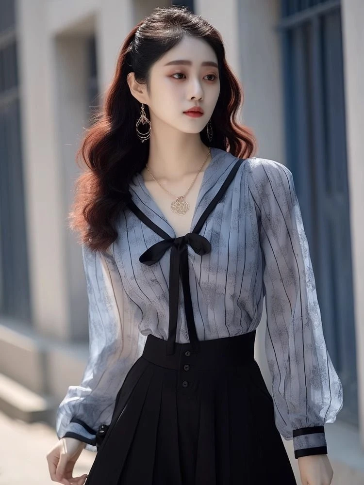 2025春夏新款法式森系设计感蓝色条纹蝴蝶结系带海军领衬衫上衣女