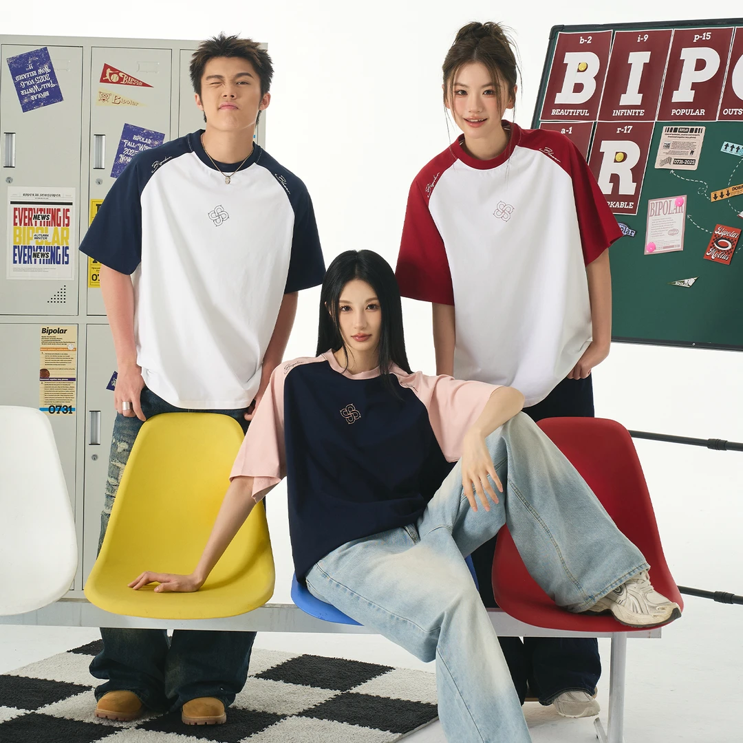 BIPOLAR插肩袖无限环胶印宽松圆领夏季潮流短袖T恤   11B529