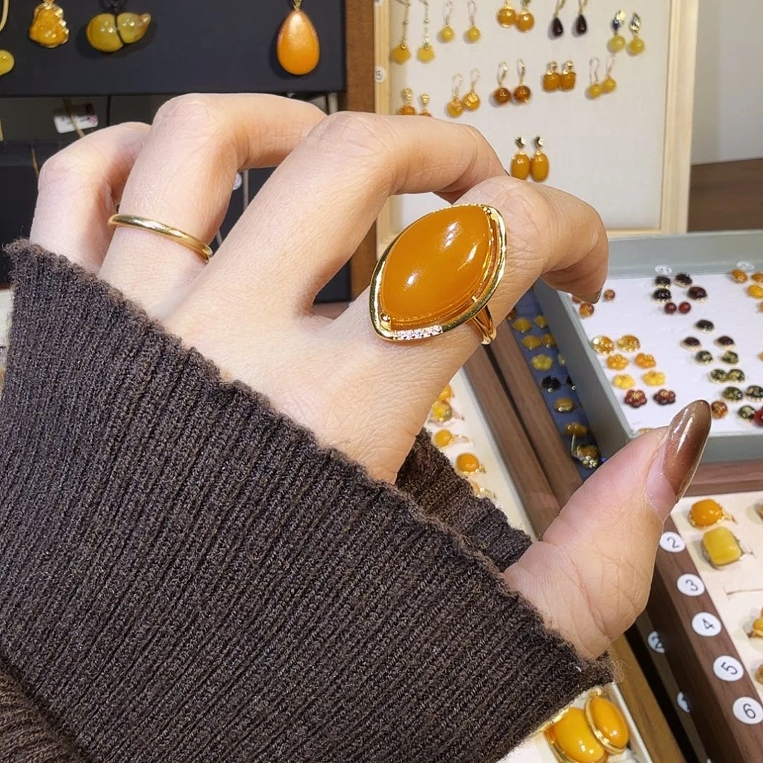 蜜蜡银S925镀金镶嵌戒指蜜蜡戒指